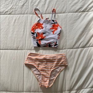 High Waisted Halter Top Floral Stripped Swim Suit